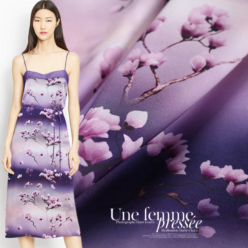 

Chinese style flower printed stretch silk satin fabric summer breathable silk fabric for dress soft natural silk fabric cloth