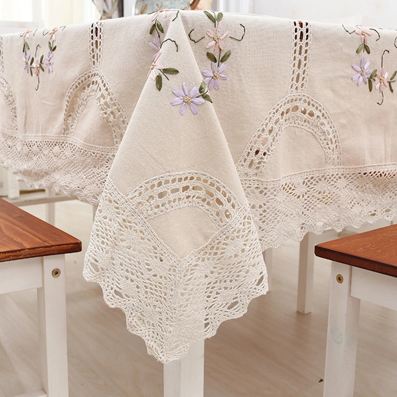 Cotton Linen Classica Tablecloth Hand Crocheted Embroidered Lace Hem European Style Cover Washable Table Cloth for Tea Table