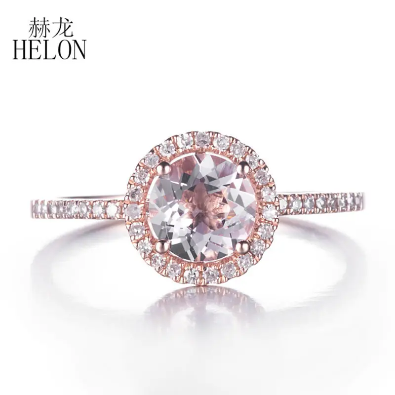 

HELON Women's Jewelry Solid 14K Rose Gold 6mm Round 1.25ct Genuine Morganite Pave 0.2ct Natural Diamond Engagement Wedding Ring