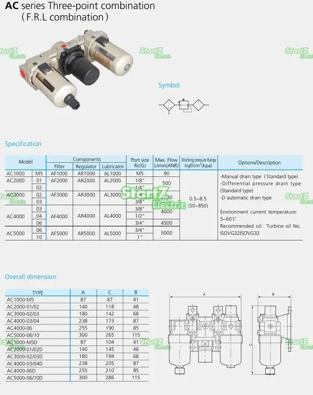 AC4000-04D G1/2 ''автоматический дренажный тип воздуха Источник обработки блок пневматический лубрикатор+ фильтр+ регулятор