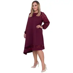 Мода Нерегулярные платья 2019 Весна новые кружева лоскутное Для женщин с длинными рукавами большого размера толстый мм средней длины