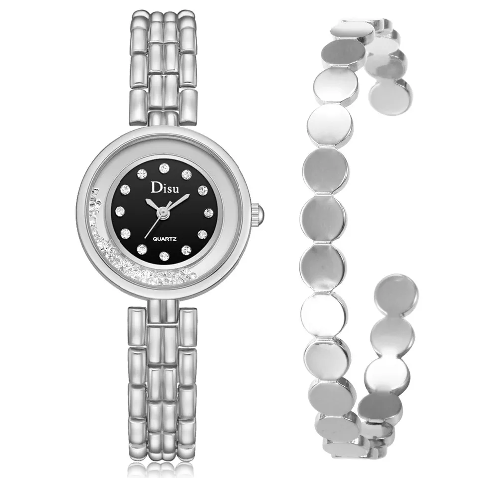 

DISU Luxury Lady Temperament Stainless Steel Strap Watch Bracelet Set Chain Watch Exquisite Rhinestone Girl Birthday Gift #A