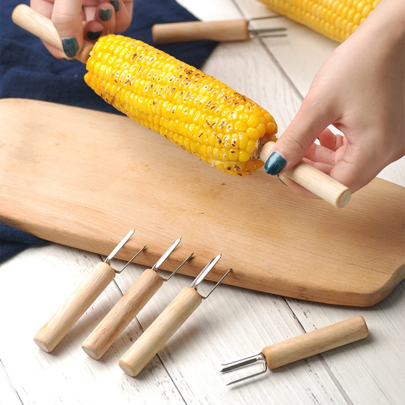 

1 Pc Multi-Function Corn Holders Fork Barbecue Tools Stainless Steel Fruit Fork With Wooden Handle Corn BBQ Food Skewers Needle