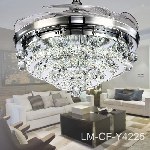 Crystal Flower Lampshade Ceiling Fan Y4225 Retractable Blades Silver Crystal Flower Lampshade Ceiling Fan Y4225 Retractable Blades Silver With Light 110v 240v