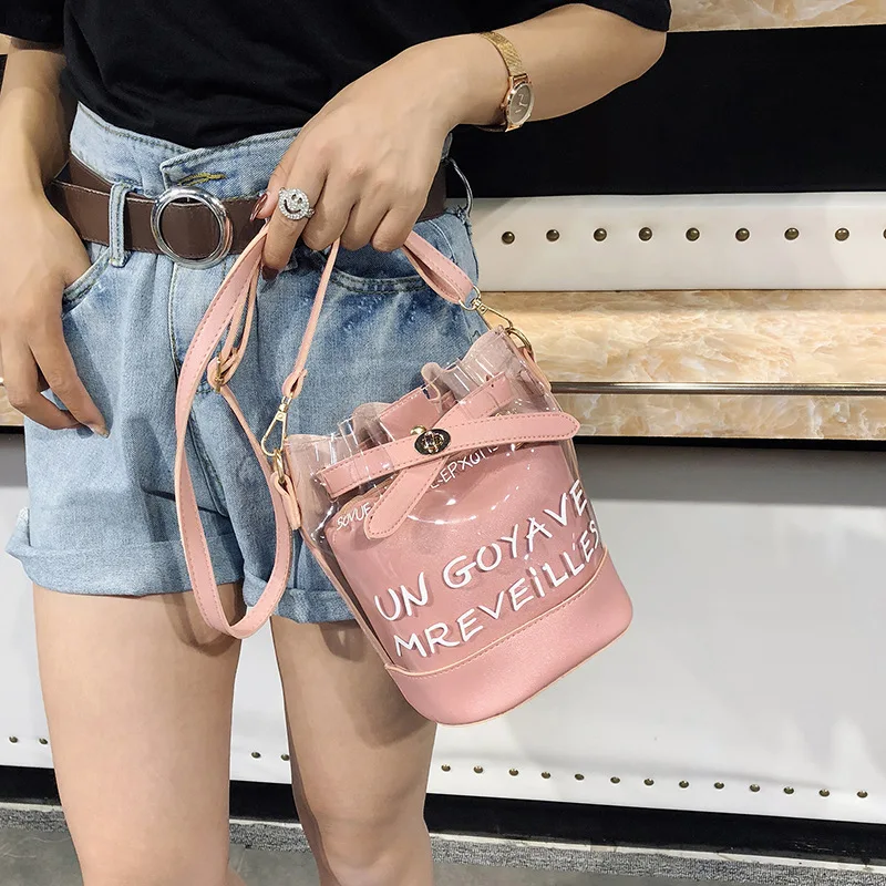 

Women Transparent Barrel-shaped messenger Bag PVC Woman Composite Bag solid soft hasp female Shoulder Bag Ms luxury clutch