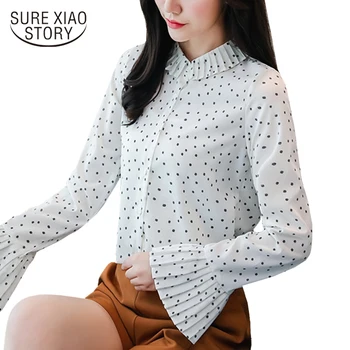 

New long sleeve chiffon women tops 2018 spring flare sleeve chiffon printed women's clothing OL blouse women blusas D229 30