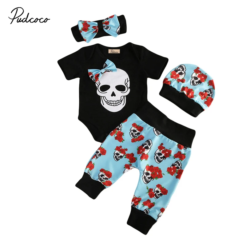 4pcs Newborn Babys Boys Clothes Short Sleeve Skeleton Romper Floral
