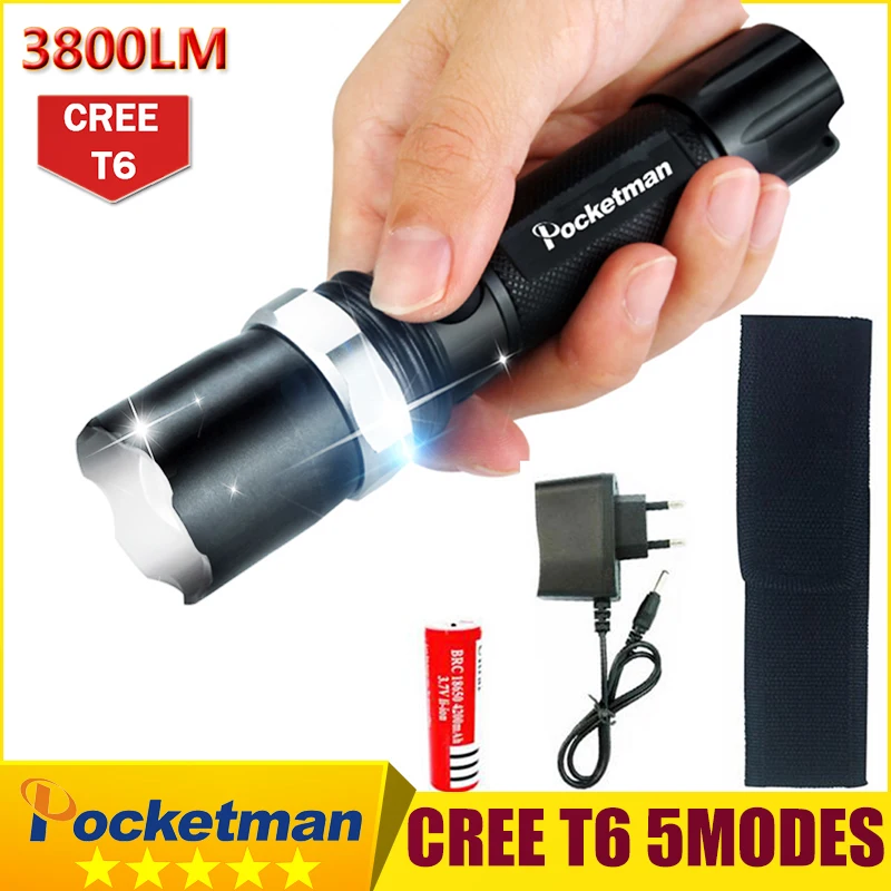 

3800Lumens T6 Led Flashlight Torche Lampe Zoomable Led Torch Waterproof Tactical Flashlight lanterna with 18650 battery charger