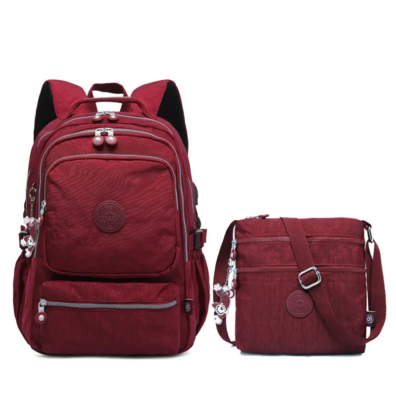 TEGAOTE Повседневный Женский школьный рюкзак для девочек-подростков, нейлоновые рюкзаки для ноутбука с зарядкой через usb, сумка-портфель, набор - Цвет: Dark Red