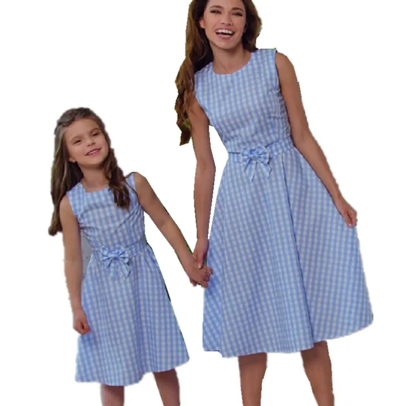 

2018 Family Matching Clothes plaid dress summer sleeveless party Dress Mother mom and daughter dress Hot Bow Dress Girls Clotes
