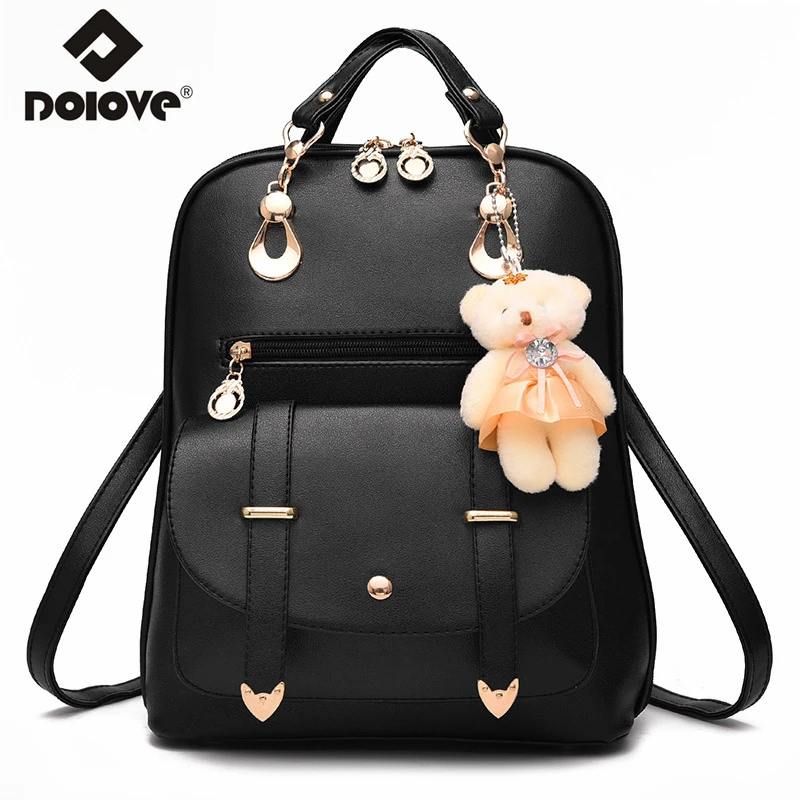 

DOLOVE 2018 Fashion Women's Backpack Bear Student Pu Leather Backpack One Shoulder Hand School Bags