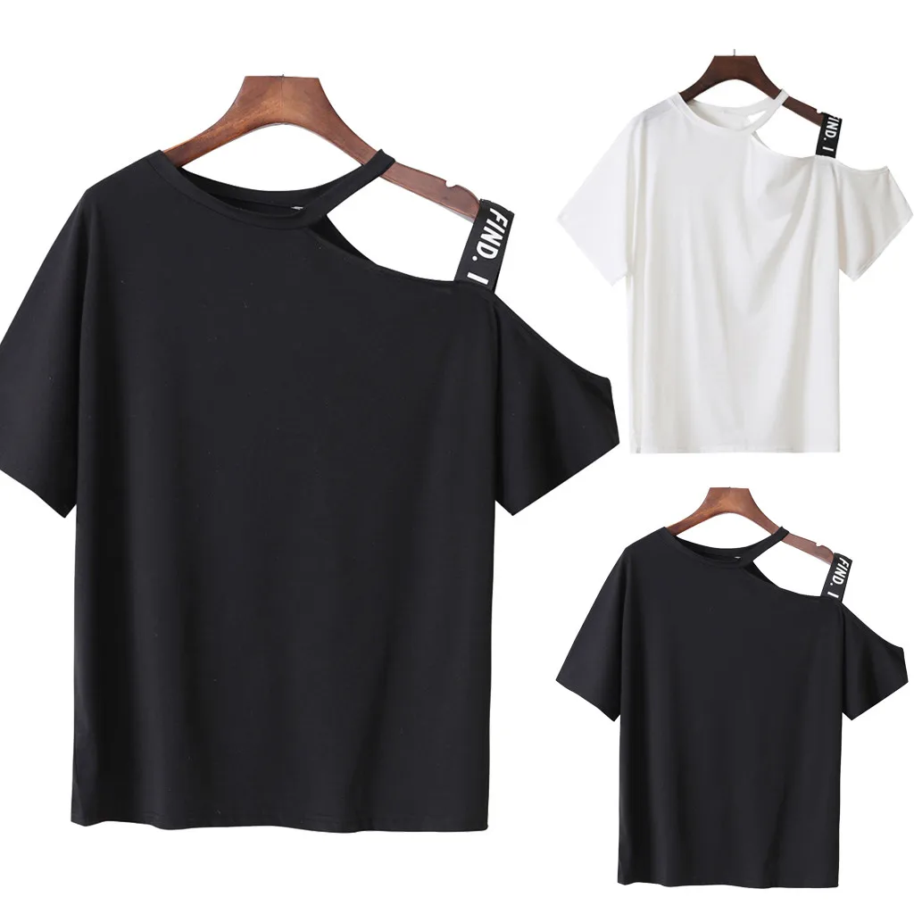 

Women Strapless shoulder Tshirt Summer Fashion Solid Letter Print O-Neck Short Sleeve Shirts Top poleras mujer de moda 2019