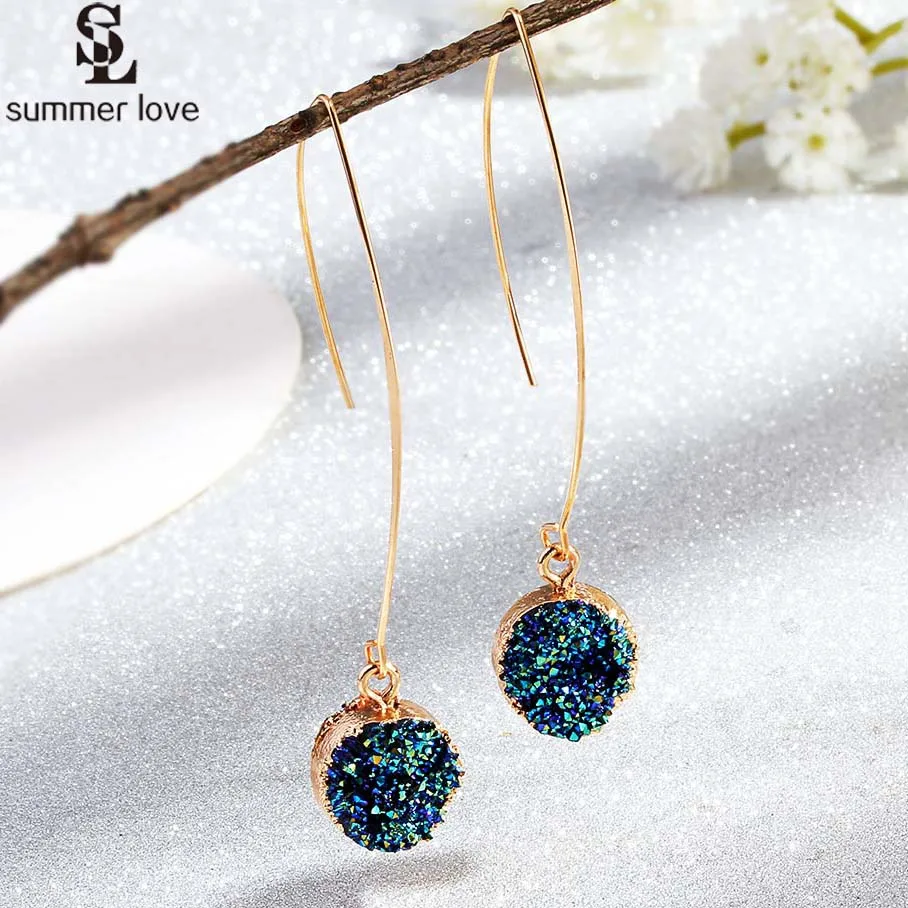 

2019 Glitter Druzy Earrings for Women Fashion Gold Color Round Resin Stone Long Dangle Drop Earring Designer Jewelry Gift