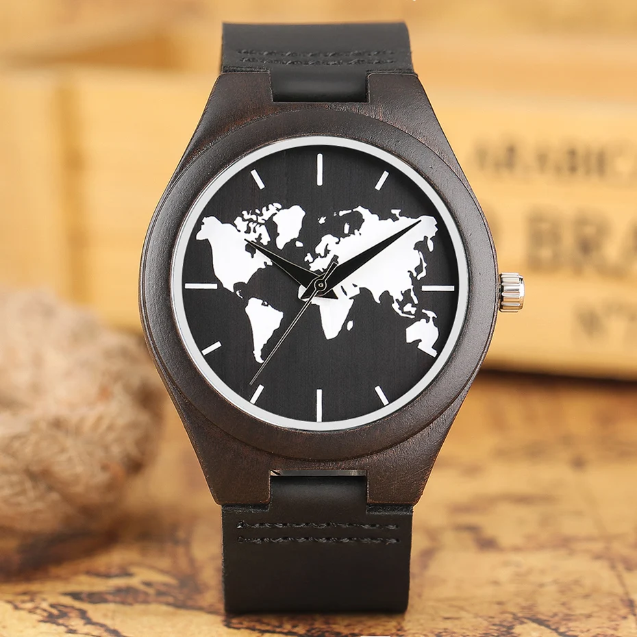 2017 Fashion Nature Ebony Wood Watch Mens World Map Handmade Black Quartz Wristwatch Minimalist Classic Bamboo erkek kol saati (7)