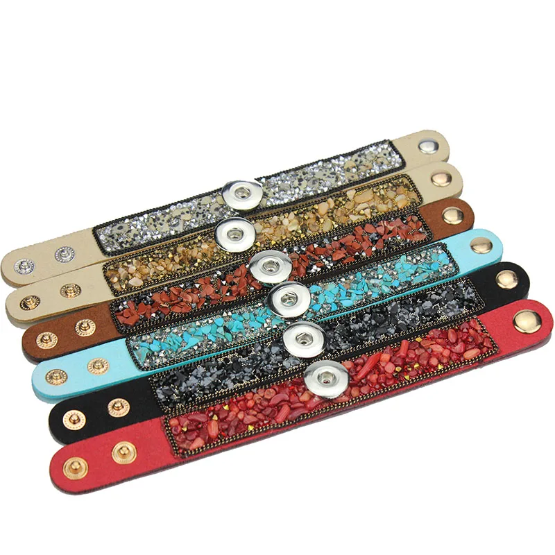 

22CM Snap Bracelet Real Natural Stone Leather Bracelet Fit 18mm Snap Button Bracelet Bohemia Style For Women Jewelry