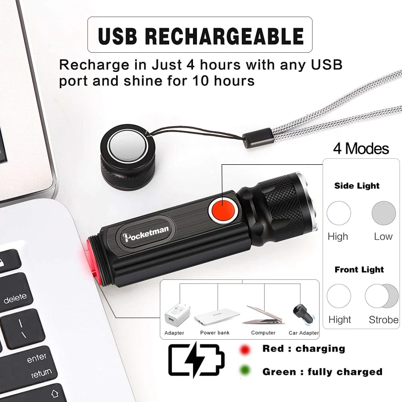 Портативный светодиодный фонарик 5000LM USB фонарь с перезаряжаемым аккумулятором мощный T6 фонарик стороны COB фонарь Linterna задний фонарь с магнитом