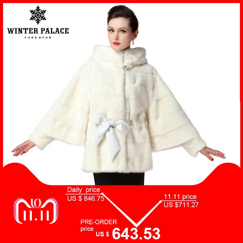 The best seller of natural mink fur coats White mink fur coat is a bat model with long