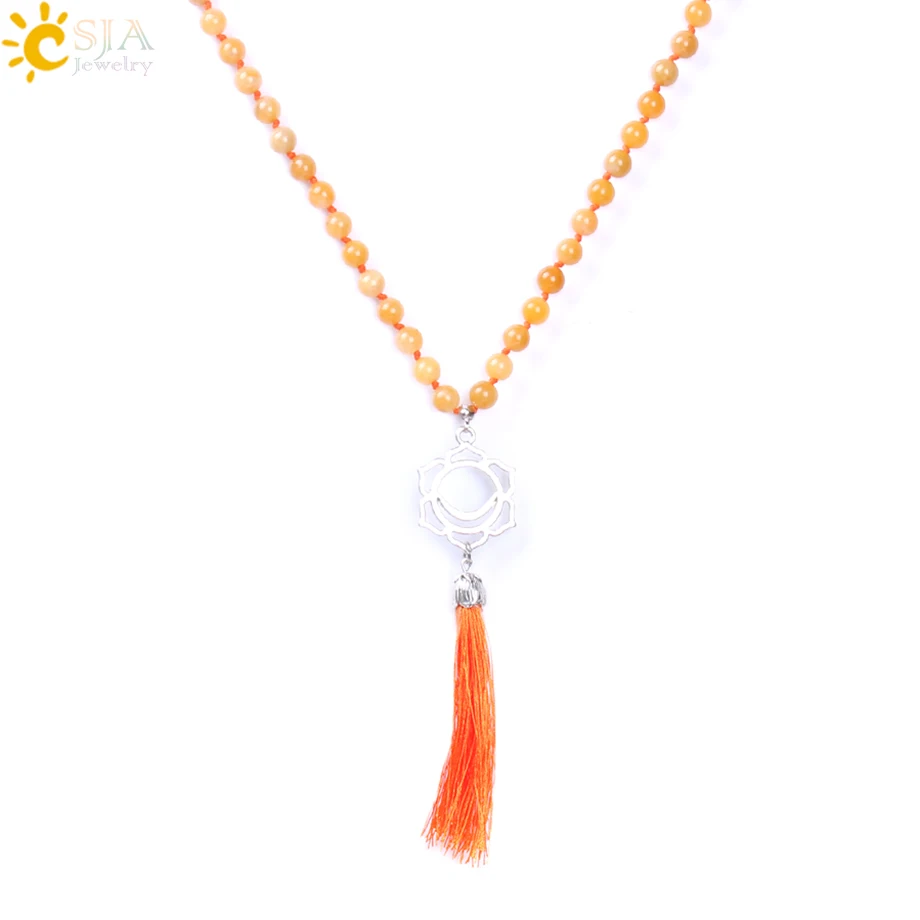 

CSJA Natural Stone 6mm 108 Yellow Round Mala Bead Tassel Necklace Simple Crystal Quartz Beaded Knotted Chain Party Jewelry F181