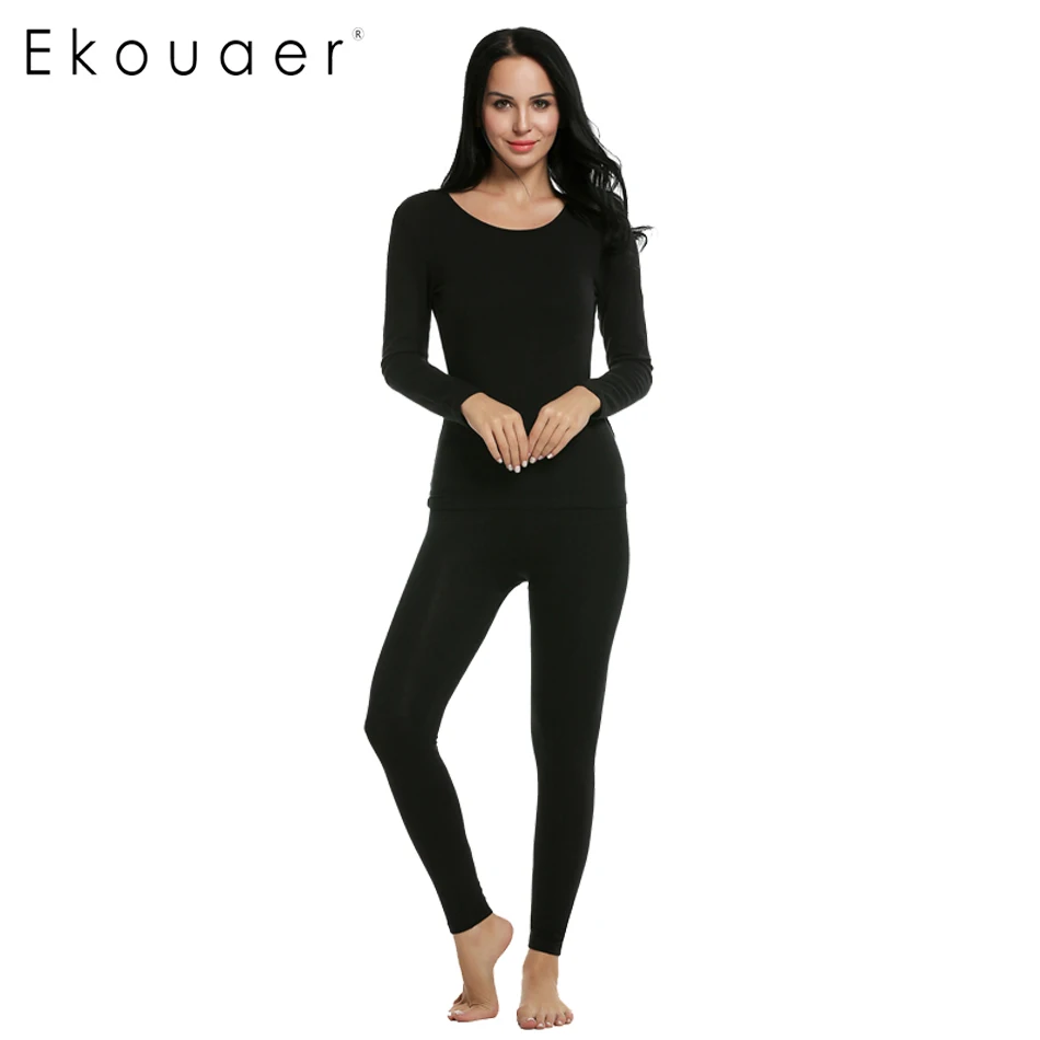 Ekouaer Sexy Ladies Thermal Underwears Set Warm Heat Long Johns Underwear Sets Women Slimming Seamless Body Suit Winter