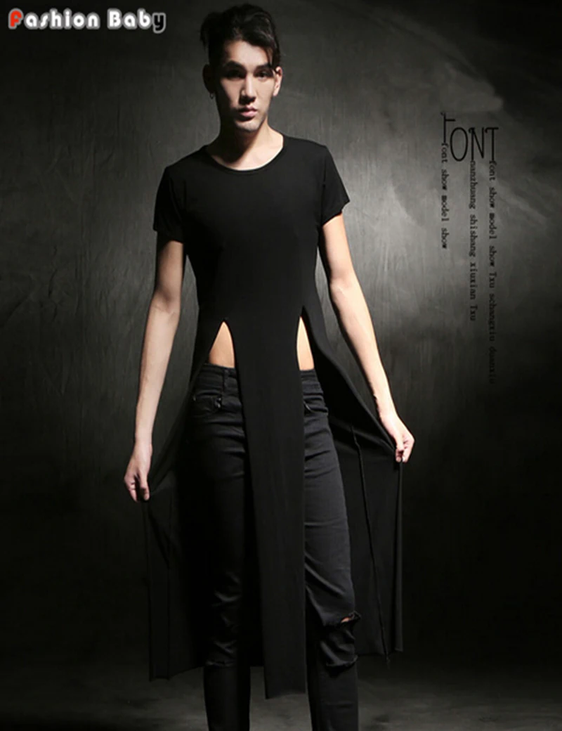 Men's Extra Long Short Sleeve T shirt Slim Fit Fashion Sexy Front Slit Summer Brand T shirts