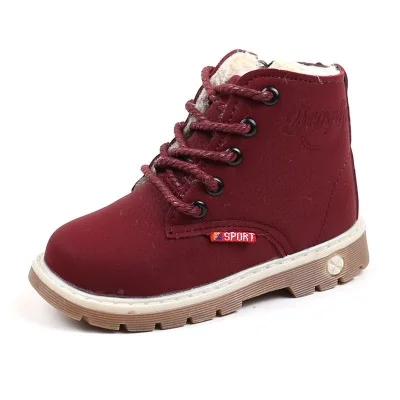 Модные детские ботильоны; сезон осень-зима; обувь для мальчиков и девочек; Повседневная Уличная обувь из искусственной кожи; детская обувь на плоской подошве; 04B - Цвет: Dark red with plush