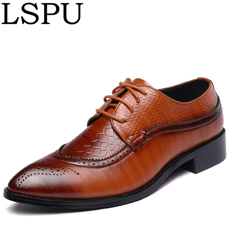 

Brand LSPU Pointed Toe Men Brogue Shoes Lace Up Breathable Casual Leather Shoes Fashion Men Formal Shoes Oxfords Plus Size 38-48