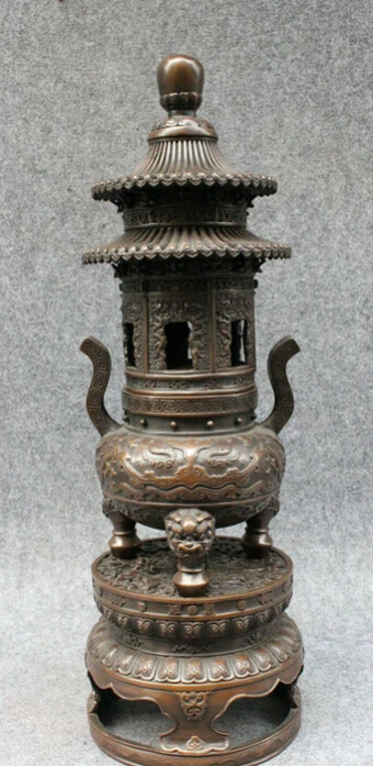 

shipping USPS to USA S1802 19" Tibet Pure Bronze Dragon Lion Head Statue Temple Stupa Incense Burner Censer