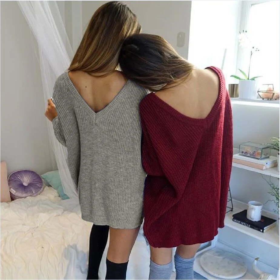 

2018 new knitted pure color V-neck pullovers striped dress