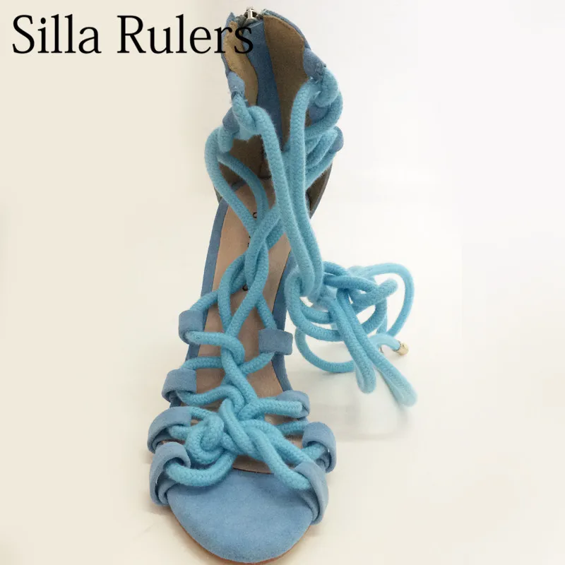

Silla Rulers Blue Coarse cotton rope Genuine leather high heeled sandals lace ankle strap Super high heeled shoes