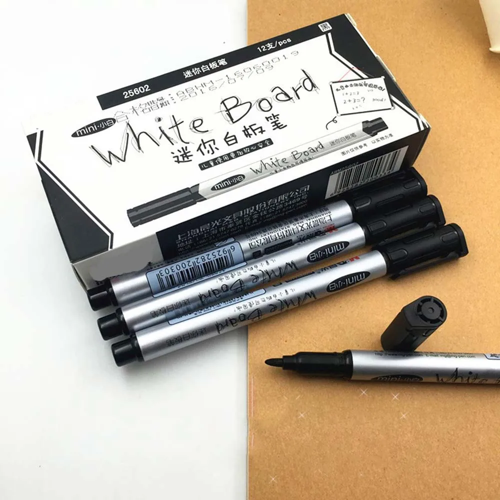 12 pcs/Box Mini Black Dry Erase Marker Whiteboard Marker Pen for School Stationery Office Supply