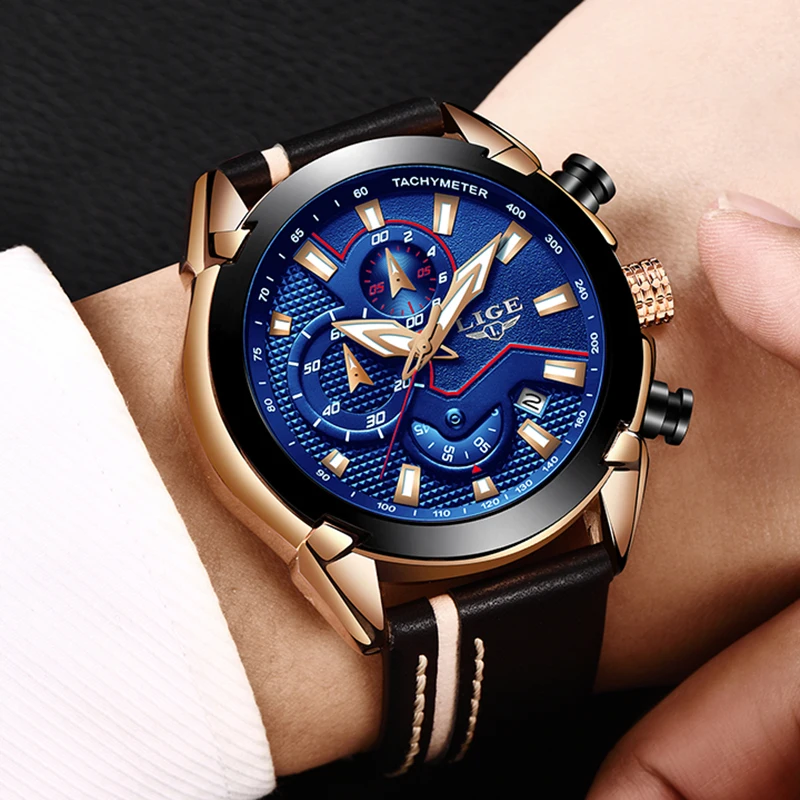 Reloje LIGE Brand Men's Chronograph Analog Quartz Watch with Date, Luminous Hands, Waterproof Leather Strap Wristswatch for Man