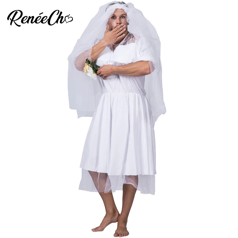

2018 Halloween Ghost Bride Costume For Adult High Quality Men Spoof Sexy Wedding Dress Cloak Phantom Funny Male Bride Costumes