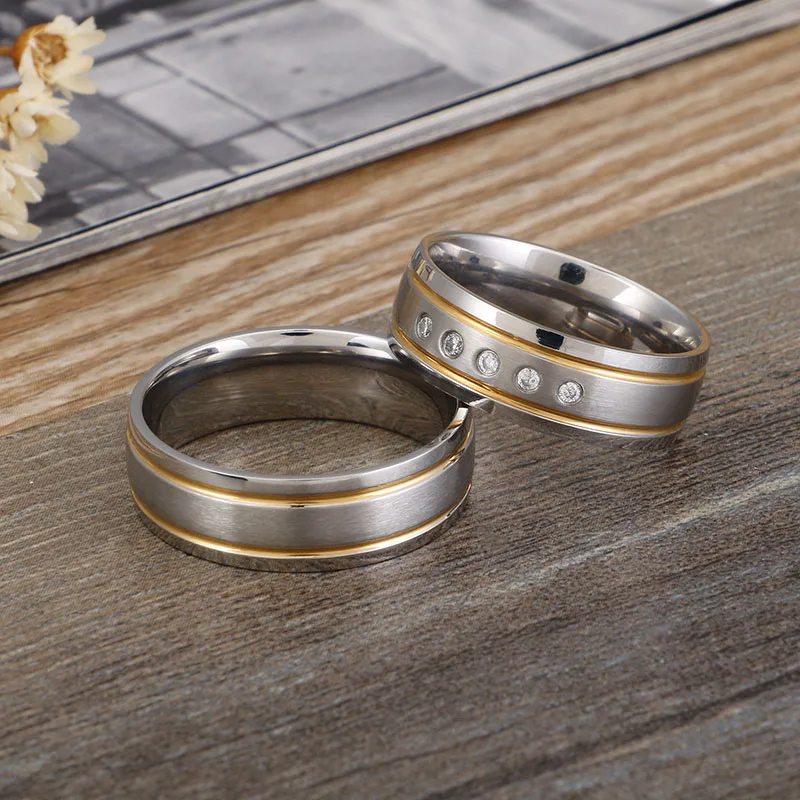 Alliance Wedding Rings Personality Cubic Zirconia Couple Rings for Women and Men Matte Finished Stainless Steel Lover Jewelry