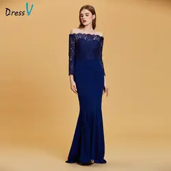 DressV темно-Королевский синий цвет вечернее платье Дешевые с открытыми плечами с длинными рукавами Свадебная вечеринка торжественное