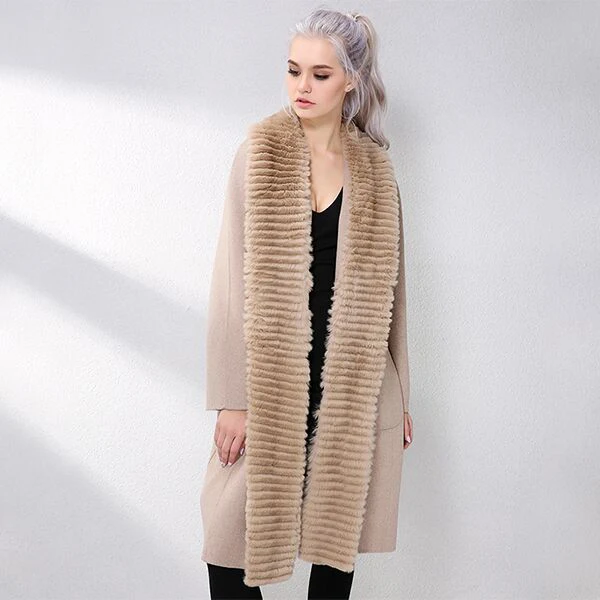 JEPLUDA New Cashmere Coat Women Genuine Rex Rabbit Fur Lapel Collar Wool Coat long Real Fur Coat Genuine Leather Jacket Women - Цвет: Хаки