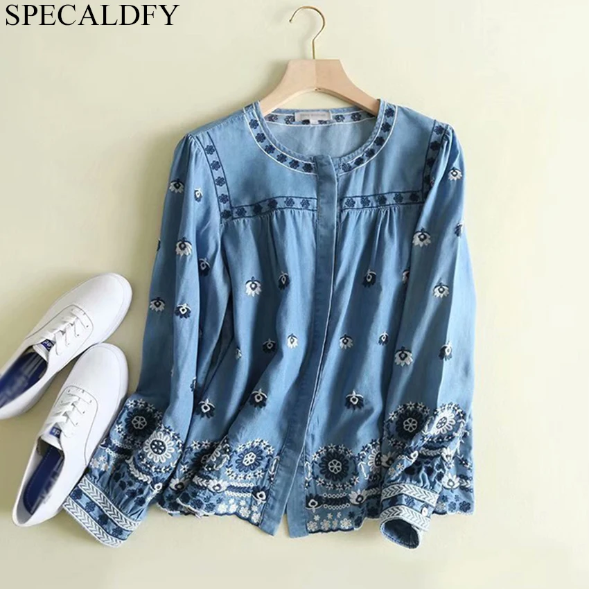 

2019 Spring Summer Tops Women Tencel Denim Shirt Women Embroidery Vintage Blouse Plus Size Shirts Camisa Jeans Feminina Blusas
