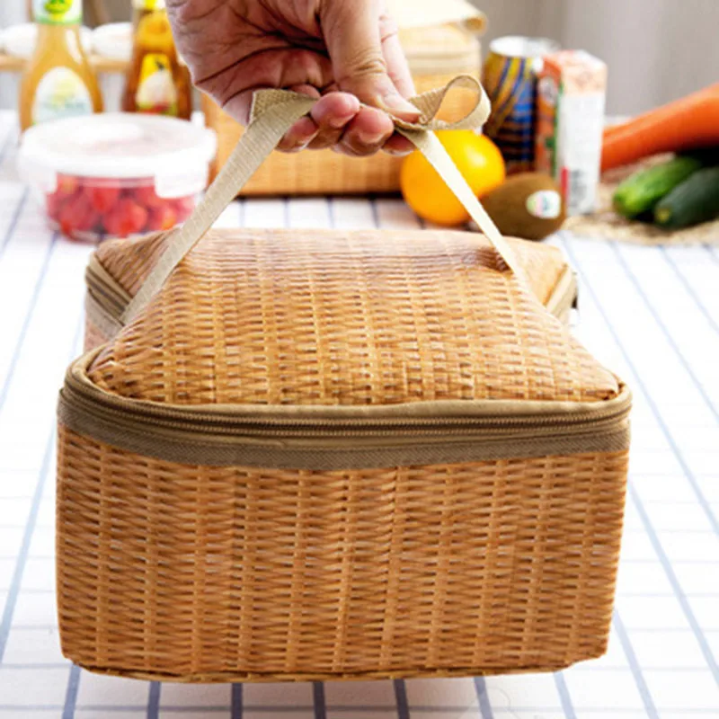 Vogvigo Portable Zipper Tote Outdoor Travel Organizer Imitation Rattan Lunch Storage Bag Box Insulated Thermal Lunch Box Unisex