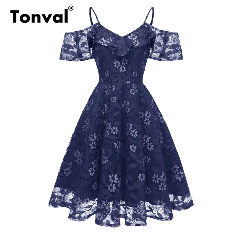 

Tonval Spaghetti Strap Floral Lace Elegant Women Party Dress Ruffle Neck Backless Swing Dresses Going Out Club Sexy Dress