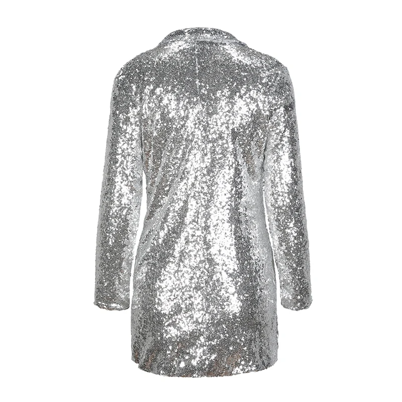Finest  HDY Haoduoyi Autumn Fashion Women Silver Sequined Coats Turn-down Collar Long Sleeve Outwears Cardi