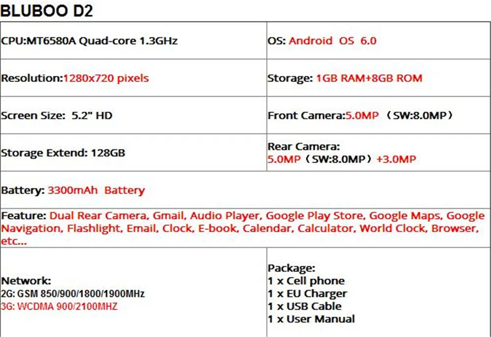 BLUBOO D2 5,2 ''3g смартфон MTK6580A четырехъядерный Android 6,0 1G ram 8G rom двойная задняя камера 3300mAh мобильный телефон