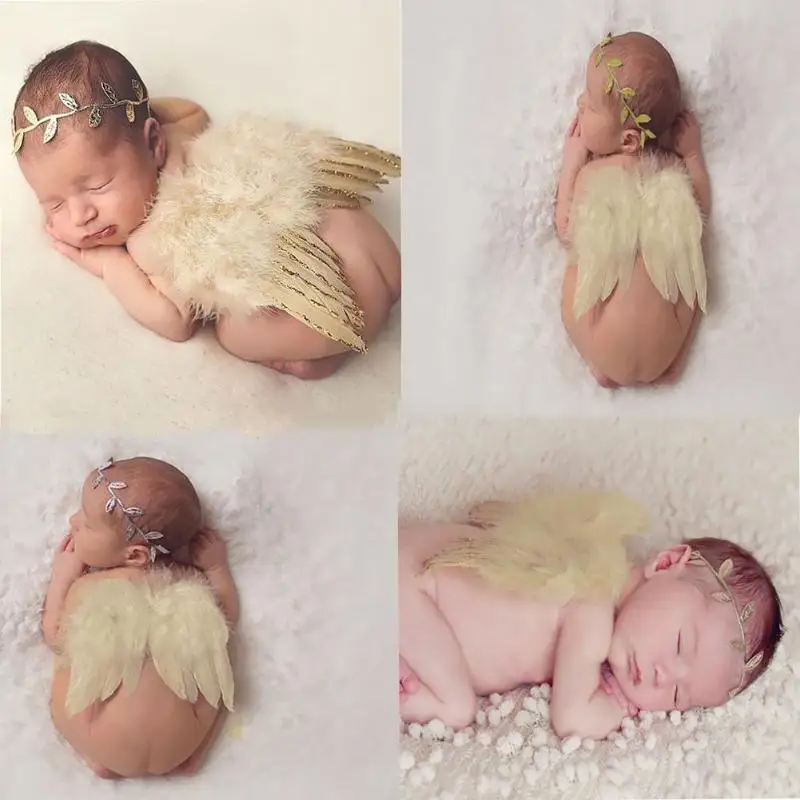 

Newborn Baby Leaf Heaband Feather Angel Wings Clothes Photography Props 0-6M Photo Prop Infant Costume with Hairband Accessory