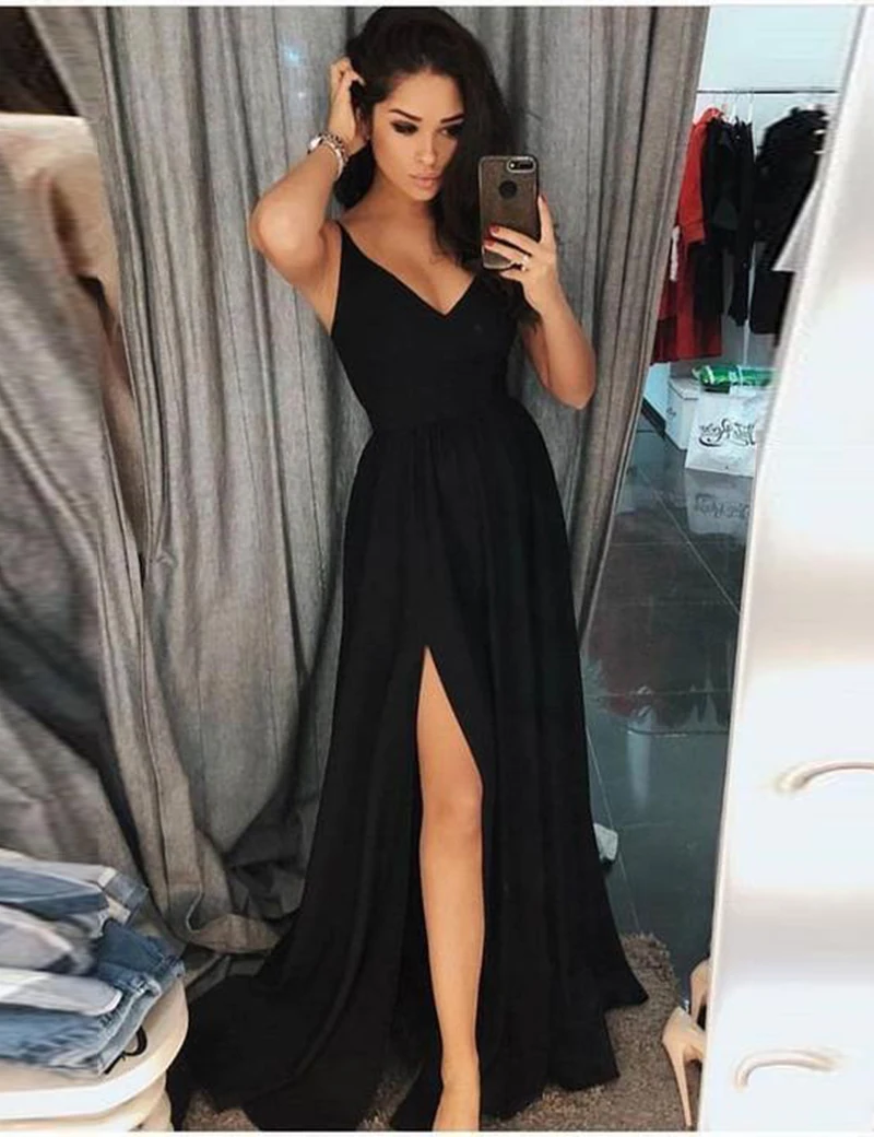 

Ruby Bridal 2019 Vestidos De Fiesta Long A-line Evening Dresses Black Chiffon Women Prom dresses Vestido Longo Festa P1926