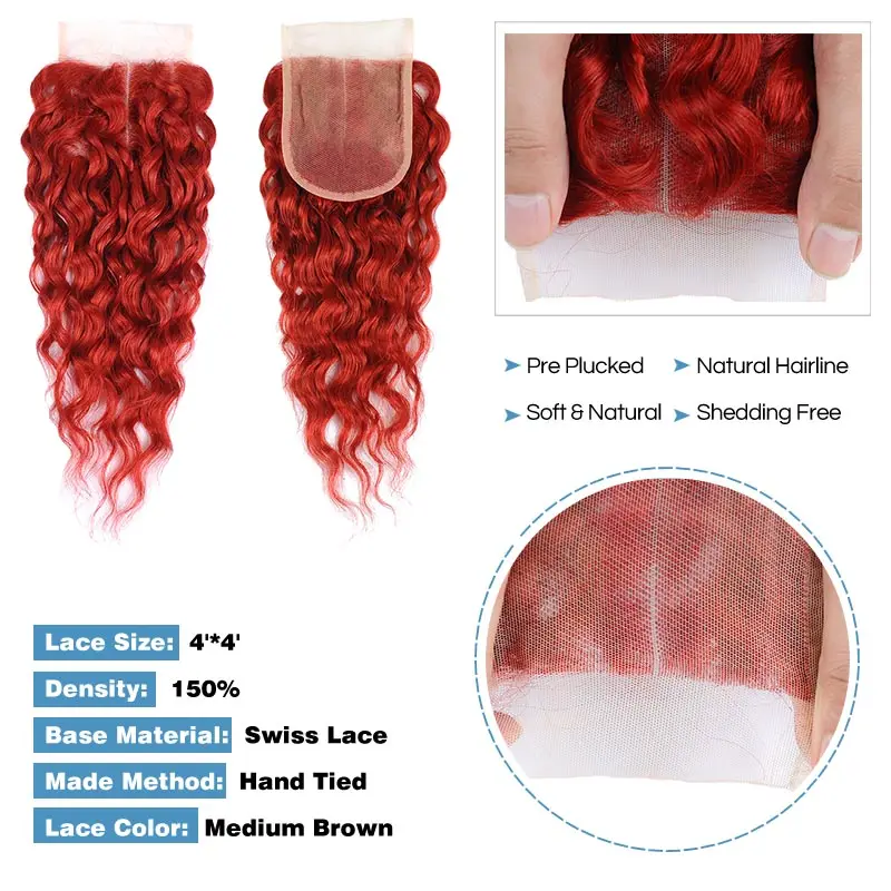 Remyblue Hair Red Water Wave Bundles With Closure 99J Burgundy Colored Remy Human Hair Weave Brazillian Hair Bundle With Closure