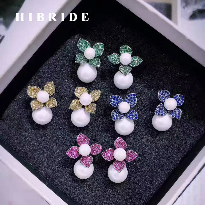 

HIBRIDE Trendy Multicolor Micro Cubic Zircon Pave Wedding Earrings For Women Simulated Pearl Earring For Female Brincos E-454