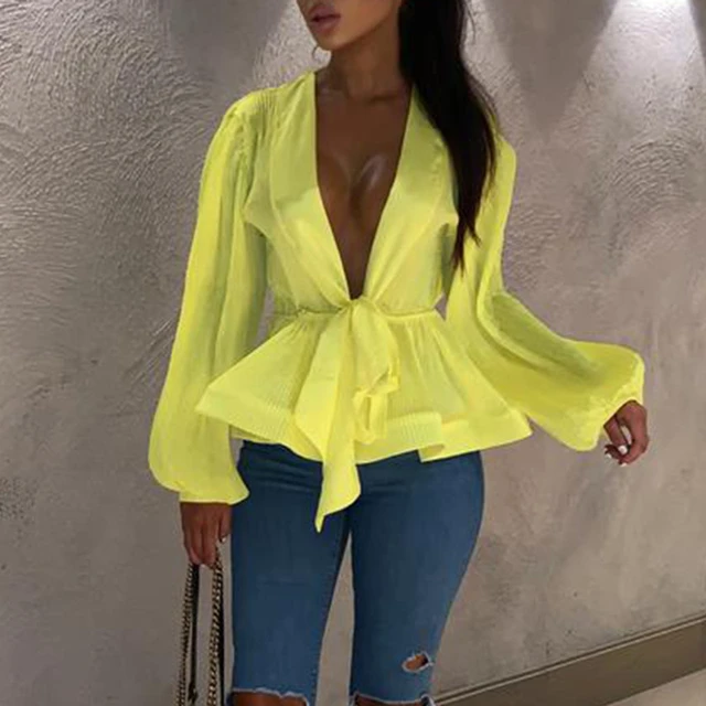 Blusa Peplum con mangas acampanadas, blusa sexi de manga con cuello V para mujer, blusa de fiesta, camisetas amarillas rosadas, Blusas de verano 2019 - AliExpress