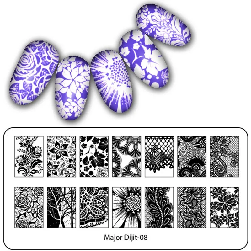 Major Dijit кружева штамповки пластины Хэллоуин серии пластина с изображениями для нейл-арта животных геометрии растений цветочный дизайн штамп шаблон