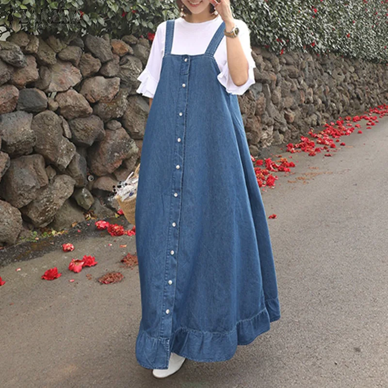 

ZANZEA Vintage Ruffles Hem Dress Women Summer Denim Style Overalls Vestido Female Straps Maxi Long Sundress Casual Solid Dresses