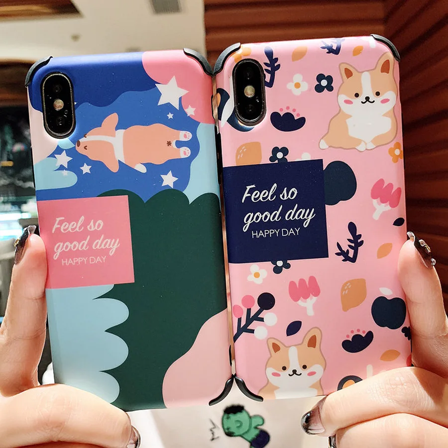 

3d Corgi dog anti-knock tpu+pc case for iphone XS MAX XR X 7 8 6S 6 plus case cover cute cartoon flower protective phone bag
