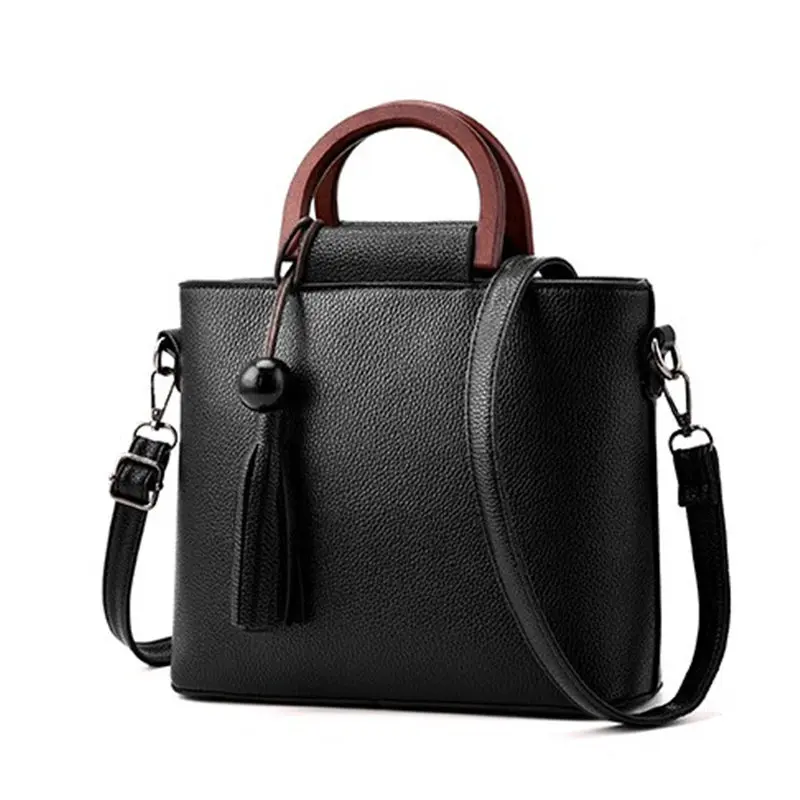 Famous Brand Women Top PU Leather Handbags Tassel Wooden Handle Ladies