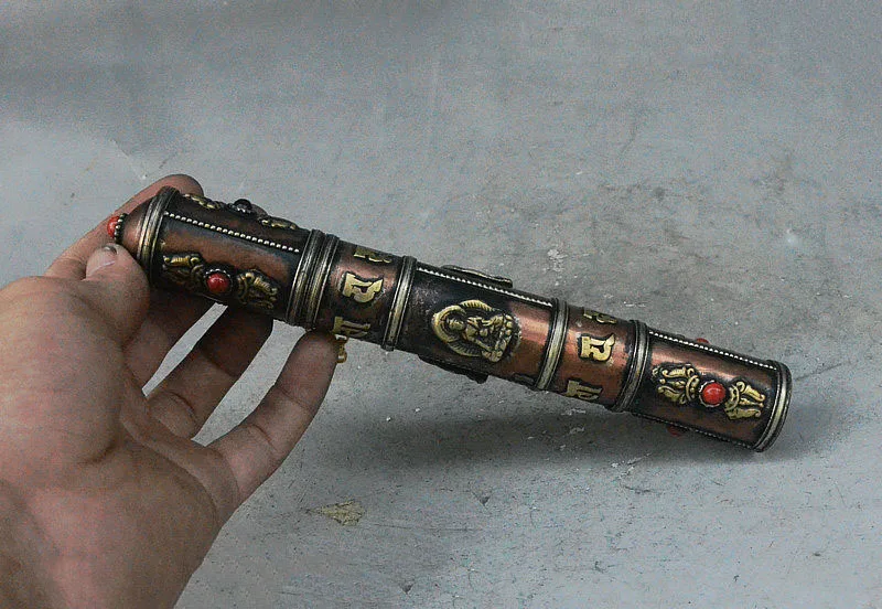 

8" Rare Tibet Buddhism Carved Sakyamuni Buddha lection Scripture Bronze barrel